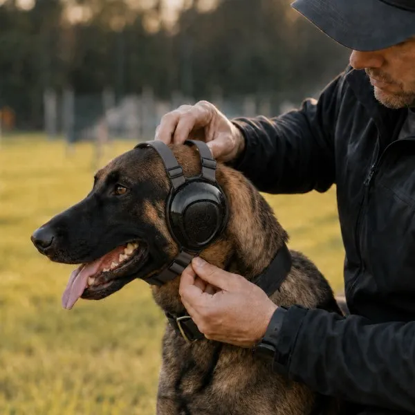 Handler checking a dog's ear muff fit