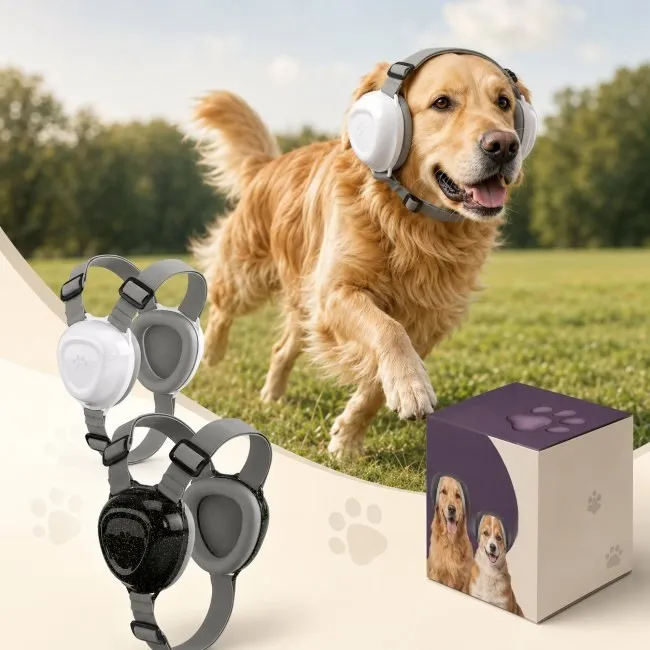 Dog wearing SafeMuff earmuffs for fireworks and noise protection