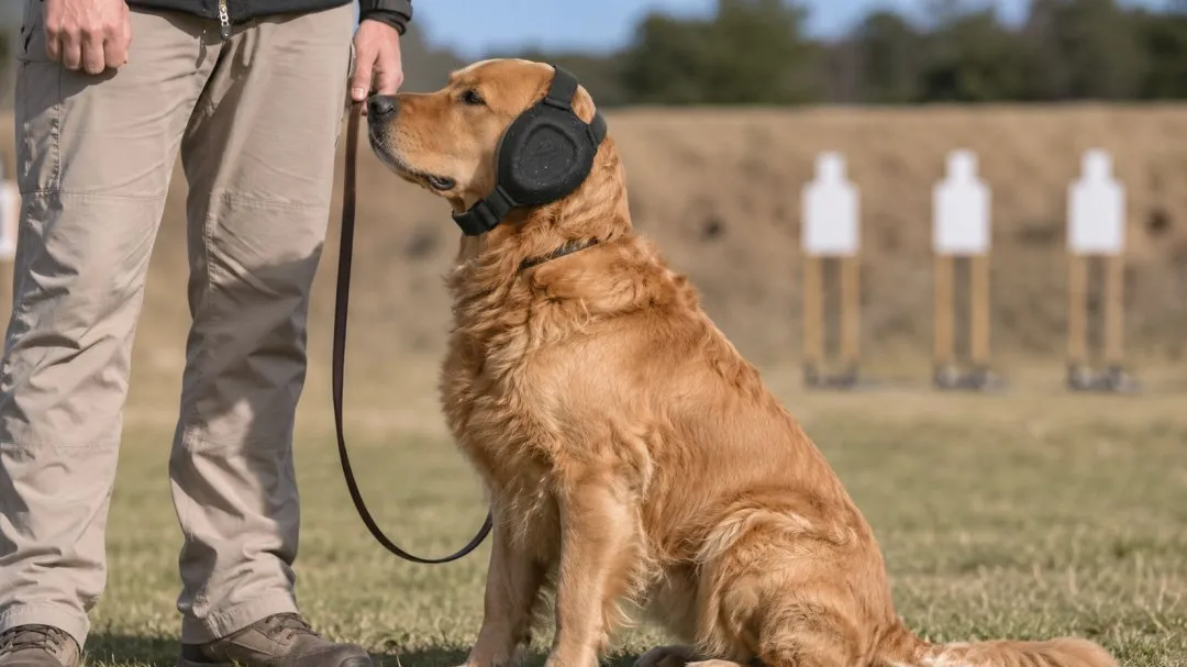 A working dog wearing ear muffs at a shooting range