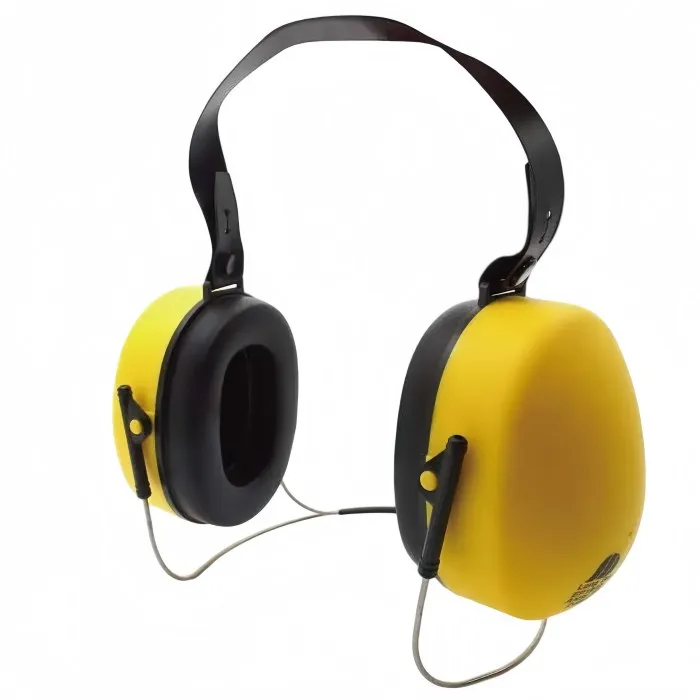Yellow HQ-GE197S safety earmuffs with neckband wire and overhead support strap