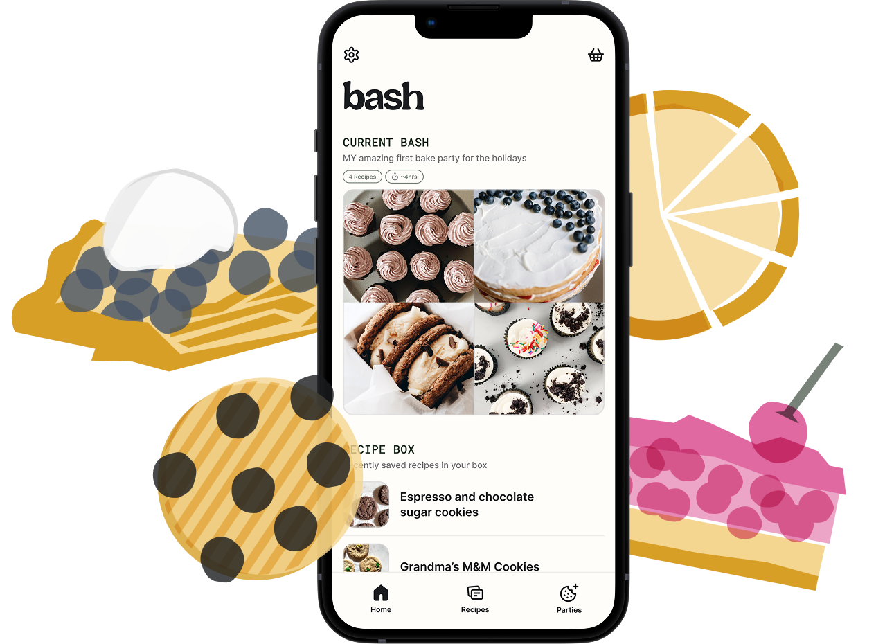 Baking aplication homepage surrounded by baked good illustrations