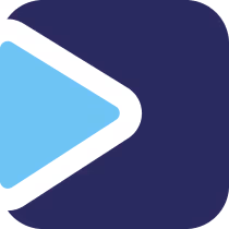 Blue play button icon inside a navy blue rounded square.