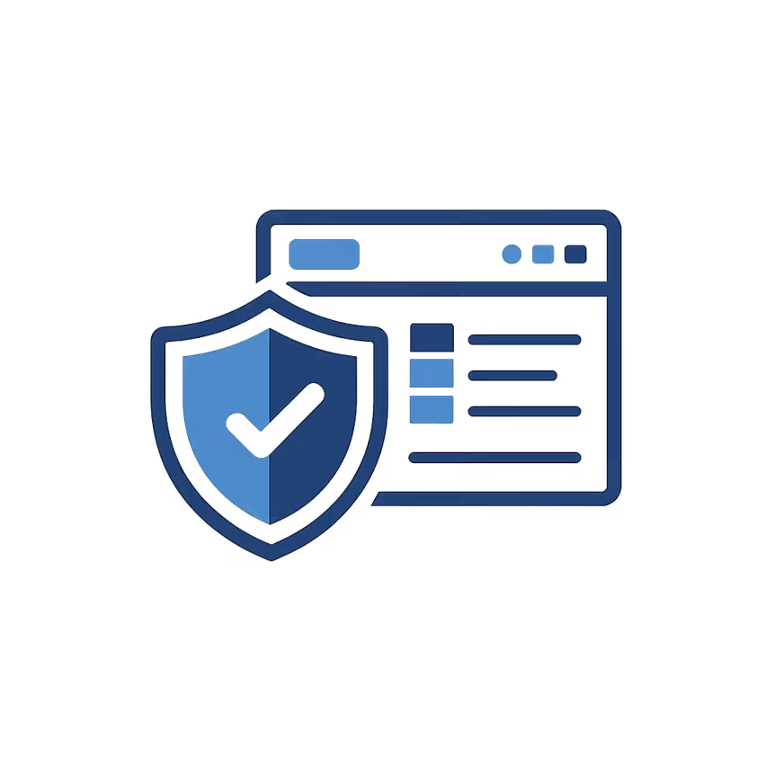 Web browser window with a shield icon featuring a check mark representing security or protection.
