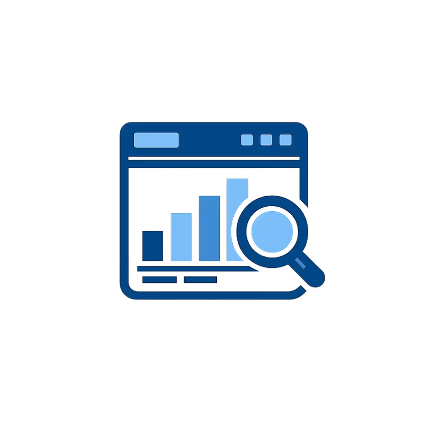 Browser window displaying a bar chart with a magnifying glass overlay symbolizing data analysis.