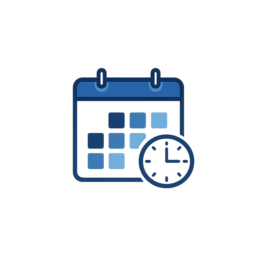 Blue calendar icon with a clock symbol indicating scheduling or appointment.