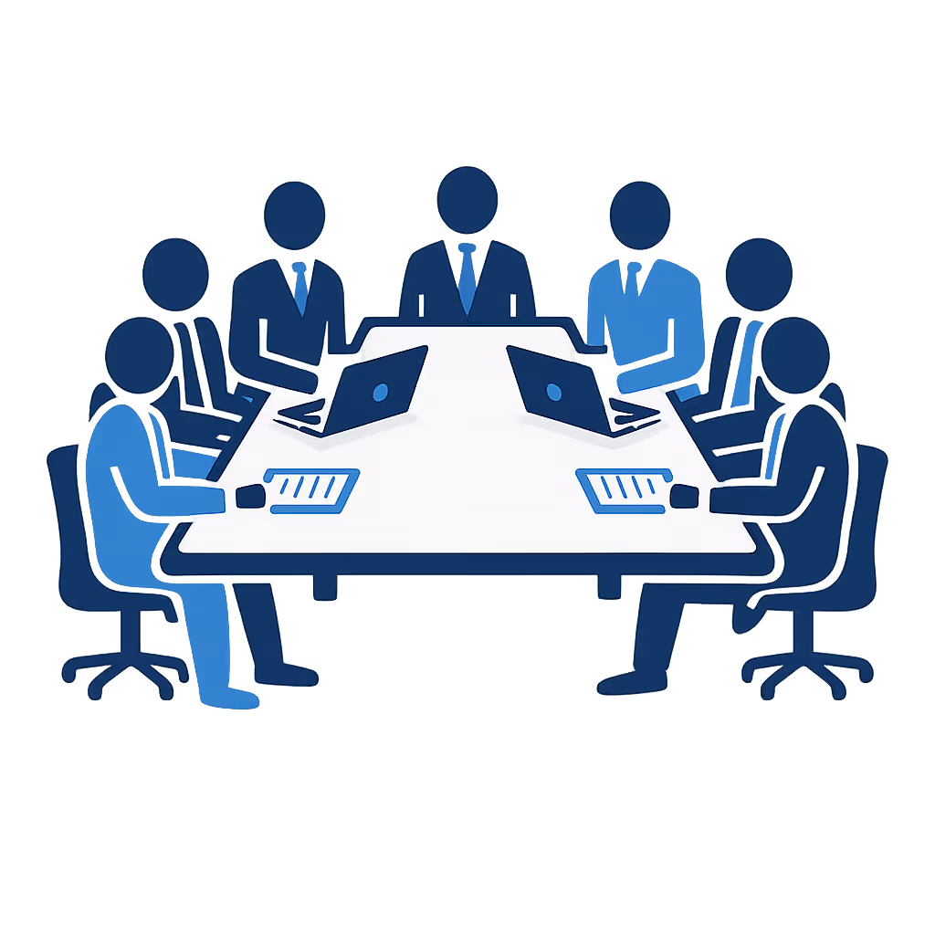 Illustration of eight businesspeople sitting around a conference table with laptops and documents, engaged in a meeting.