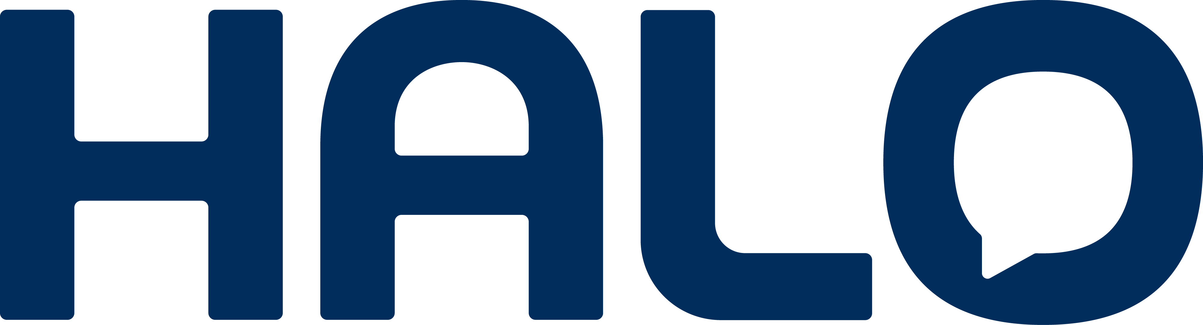 HALO text logo in navy with speech bubble incorporated in letter O.