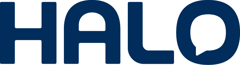 HALO text logo in bold uppercase navy blue letters with a speech bubble inside the letter O.