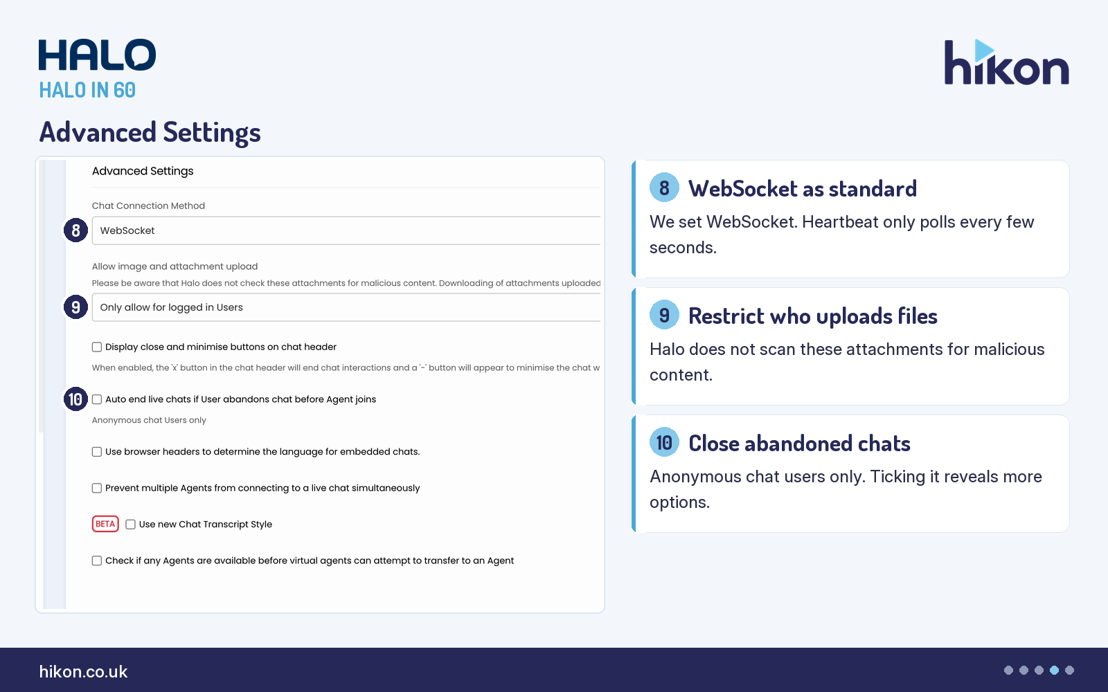 HaloITSM Configuration > Chat, Advanced Settings section, with Chat Connection Method set to WebSocket, Allow image and attachment upload set to logged in Users only, and the Auto end live chats tick box numbered eight to ten