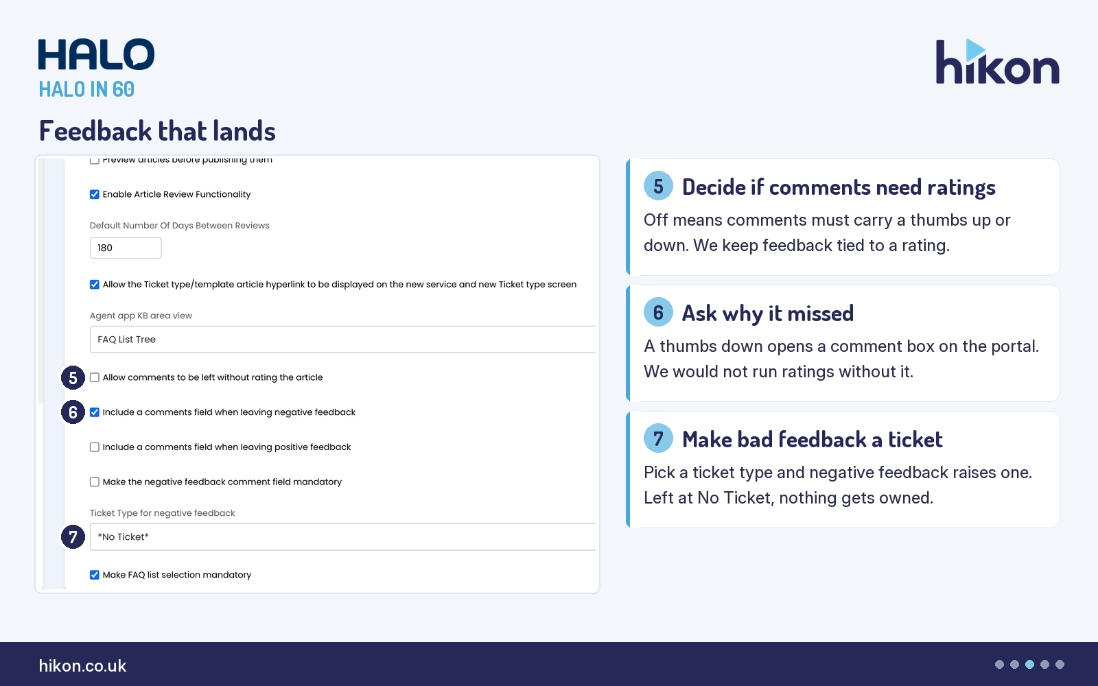 HaloITSM Configuration > Knowledge Base, Articles section, showing Allow comments to be left without rating the article, Include a comments field when leaving negative feedback and the Ticket Type for negative feedback picker set to No Ticket, numbered five to seven