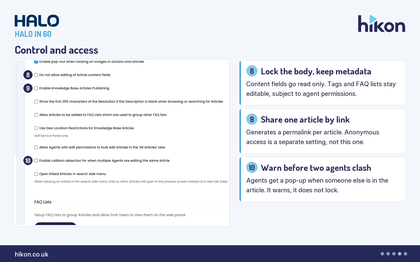HaloITSM Configuration > Knowledge Base, Articles section, showing Do not allow editing of Article content fields, Enable Knowledge Base Articles Publishing and Enable collision detection for when multiple Agents are editing the same Article, numbered eight to ten