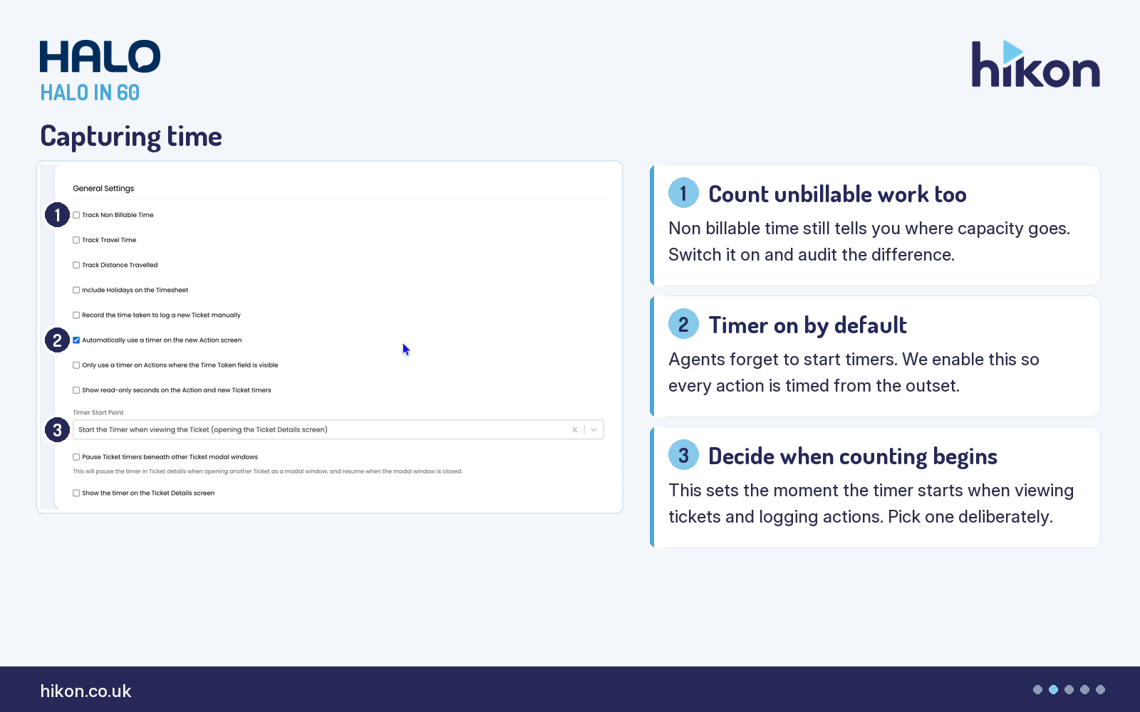 HaloITSM Time Management General Settings, with markers on Track Non Billable Time, Automatically use a timer on the new Action screen, and Timer Start Point