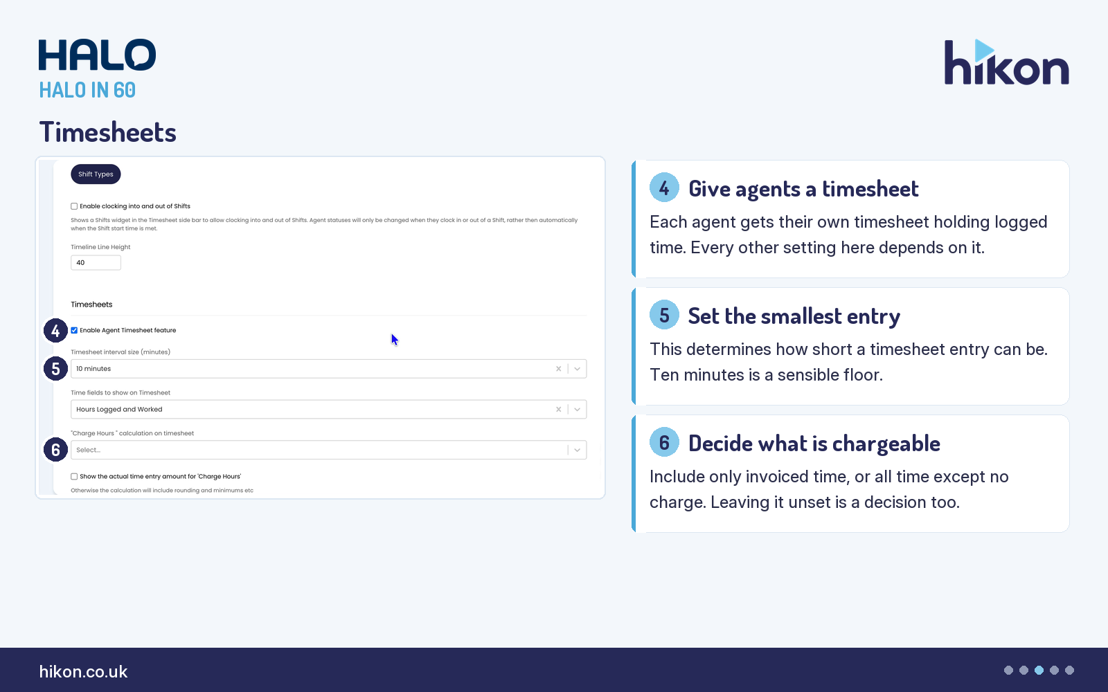 HaloITSM Time Management Timesheets section, with markers on Enable Agent Timesheet feature, Timesheet interval size in minutes, and the Charge Hours calculation on timesheet picker left unset