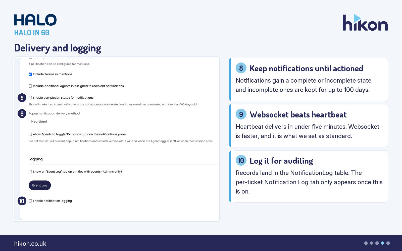 HaloITSM Notifications General Settings, foot of the screen and the Logging section, with markers on Enable completion status for notifications, the Popup notification delivery method picker set to Heartbeat, and Enable notification logging