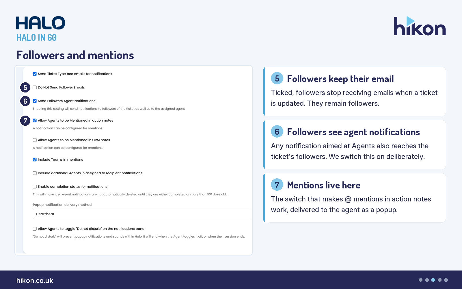 HaloITSM Notifications General Settings, middle of the screen, with markers on Do Not Send Follower Emails, the ticked Send Followers Agent Notifications, and the ticked Allow Agents to be Mentioned in action notes