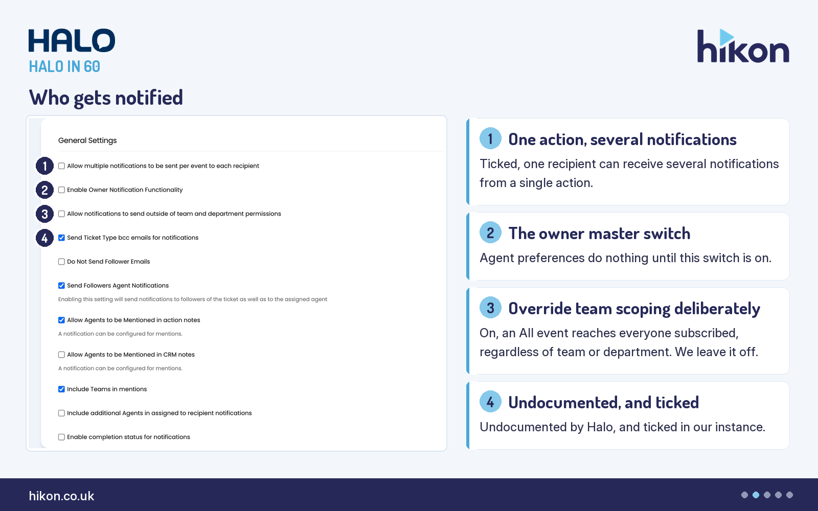 HaloITSM Configuration > Notifications > General Settings, top of the screen, with markers on Allow multiple notifications to be sent per event to each recipient, Enable Owner Notification Functionality, Allow notifications to send outside of team and department permissions, and the ticked Send Ticket Type bcc emails for notifications