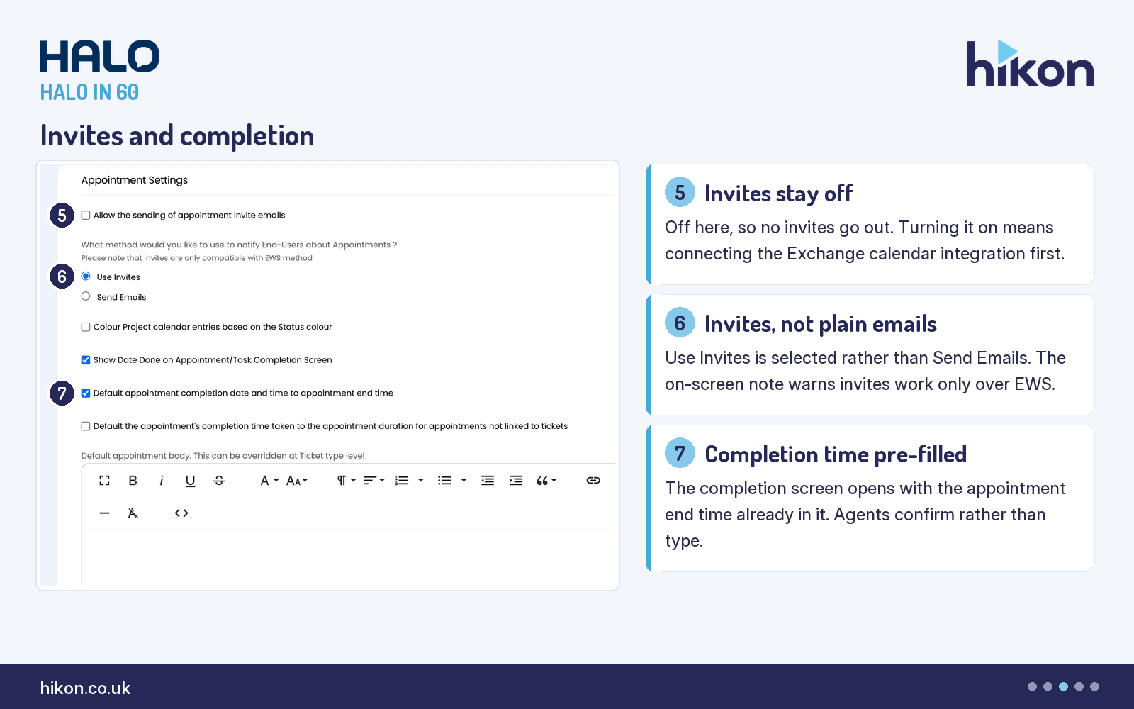 HaloITSM Calendars and Appointments Appointment Settings, with markers on the unticked Allow the sending of appointment invite emails, the Use Invites option selected over Send Emails, and the ticked Default appointment completion date and time to appointment end time