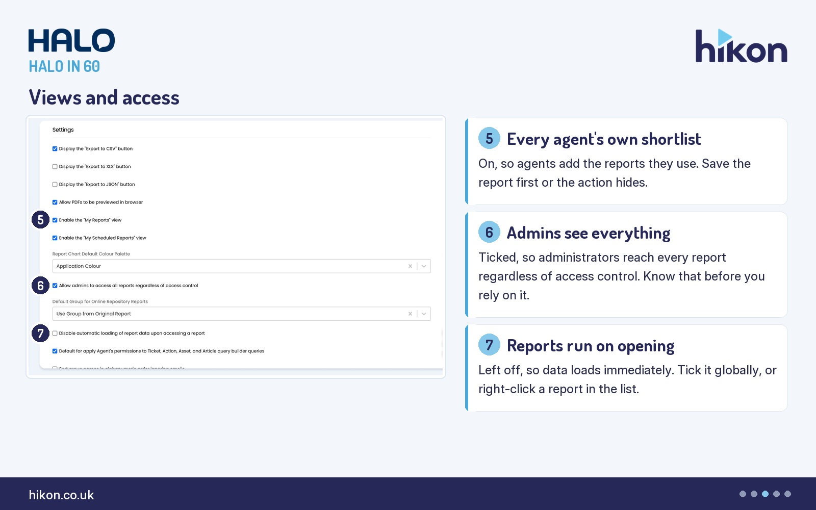 HaloITSM Reporting general settings, middle of the Settings block, with markers on the ticked Enable the My Reports view, the ticked Allow admins to access all reports regardless of access control, and the unticked Disable automatic loading of report data upon accessing a report