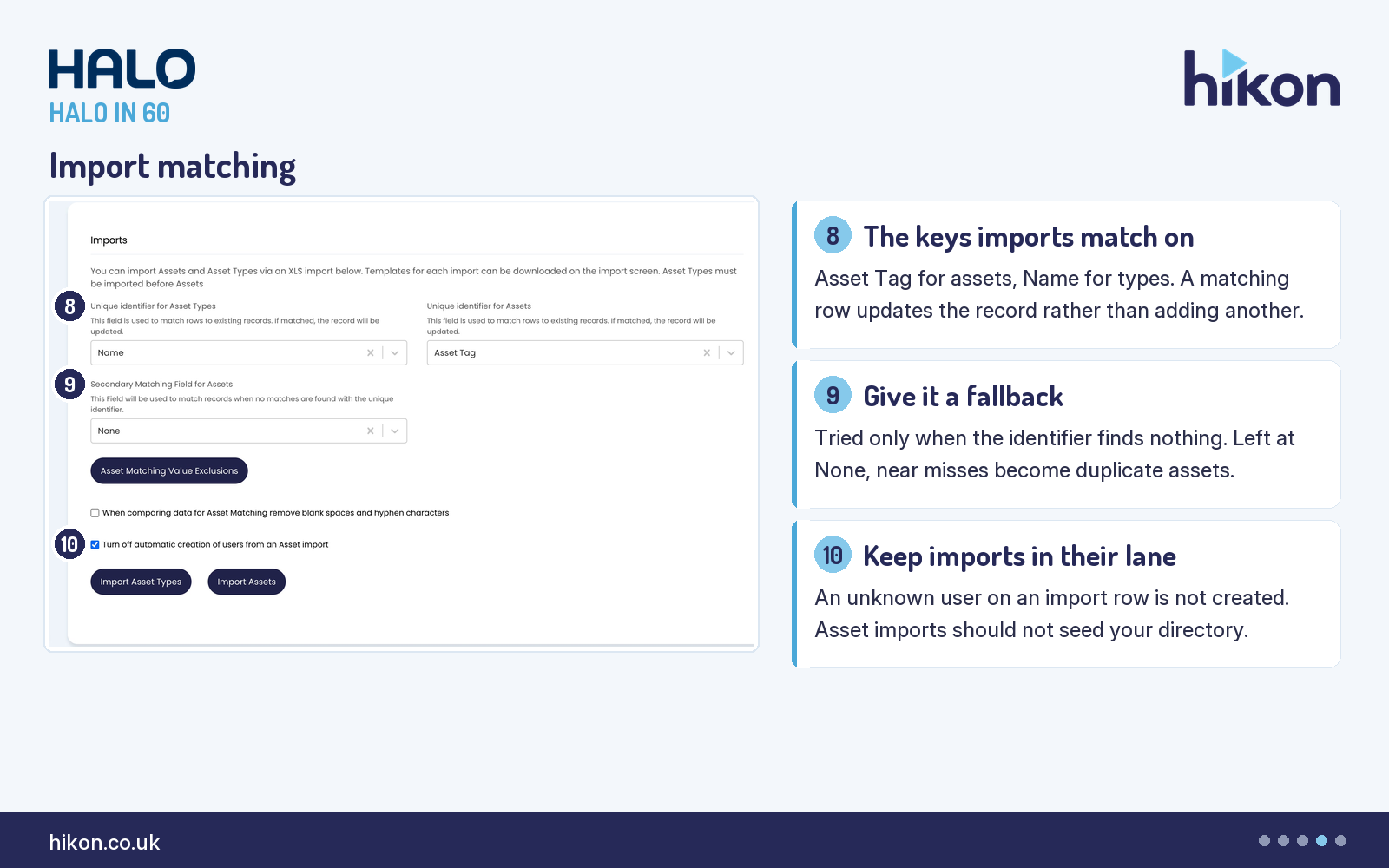 HaloITSM Asset Management General Settings, Imports section, with markers on the Unique identifier fields for Asset Types and Assets, Secondary Matching Field for Assets, and Turn off automatic creation of users from an Asset import.