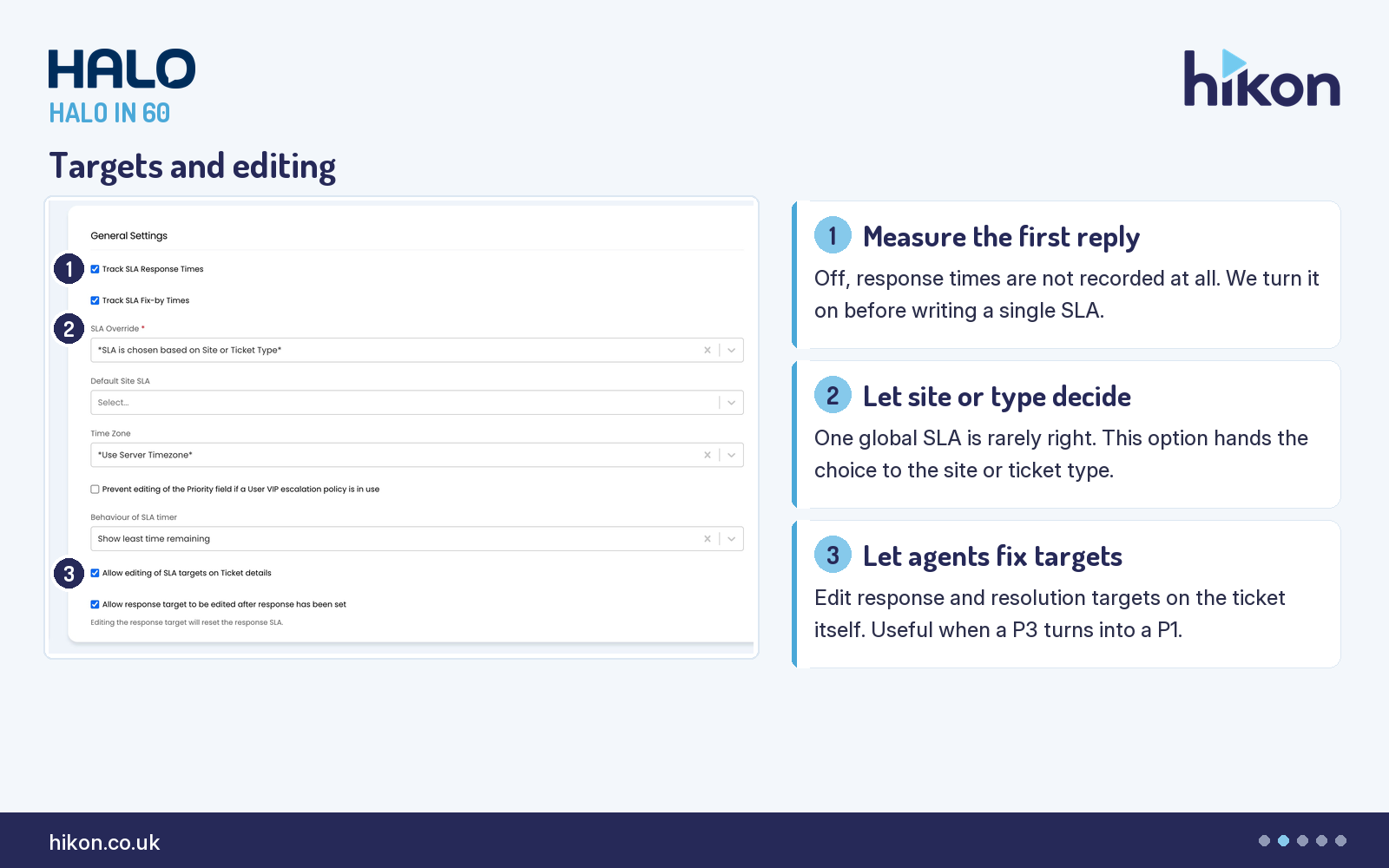 HaloITSM Service Level Agreements General Settings, top of the screen, with markers on Track SLA Response Times, SLA Override, and Allow editing of SLA targets on Ticket details.