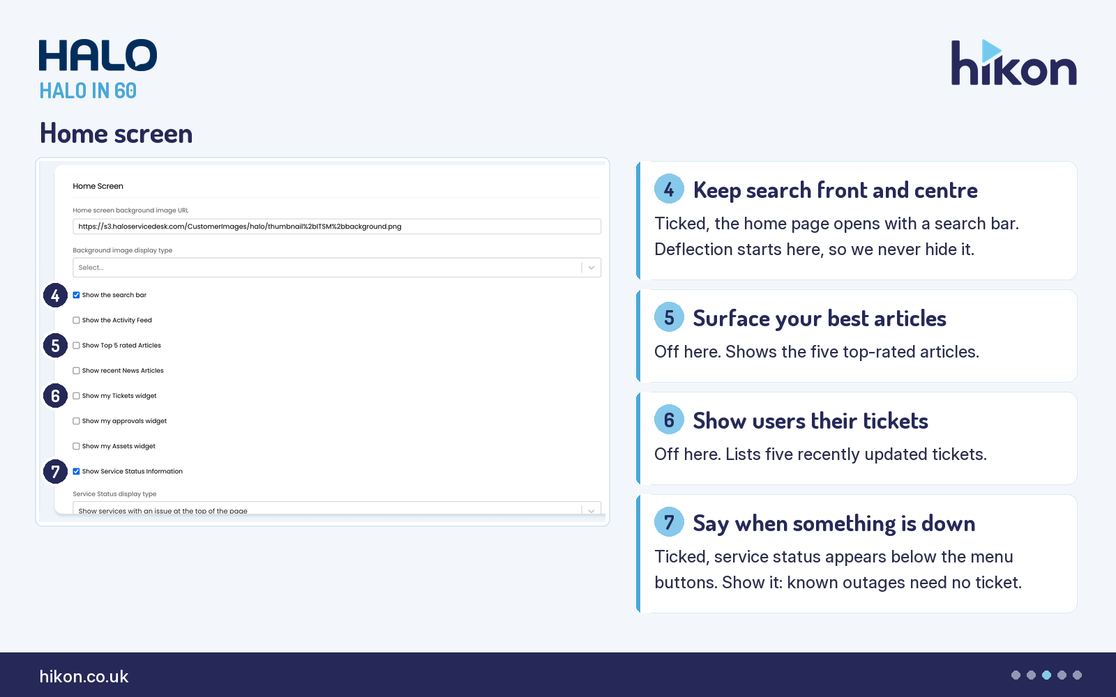 HaloITSM Self Service Portal configuration, Home Screen section, with markers on Show the search bar, Show Top 5 rated Articles, Show my Tickets widget and Show Service Status Information.