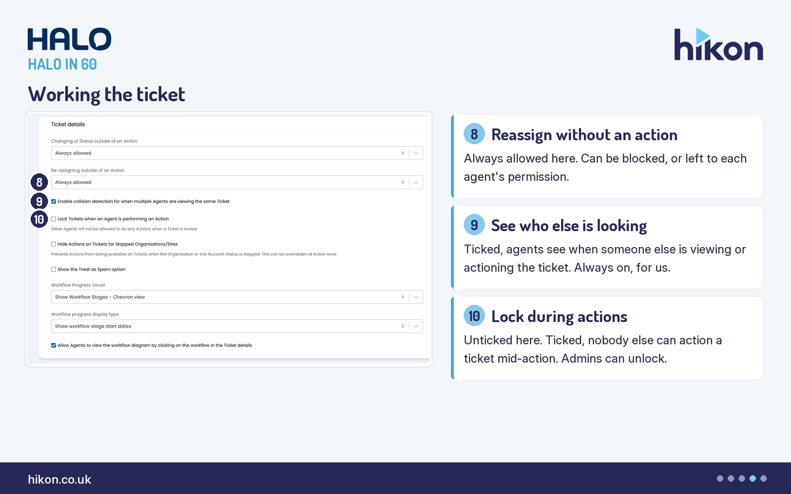 HaloITSM Tickets General Settings, top of the Ticket details section, with markers on Re-assigning outside of an Action, Enable collision detection for when multiple Agents are viewing the same Ticket, and Lock Tickets when an Agent is performing an Action.