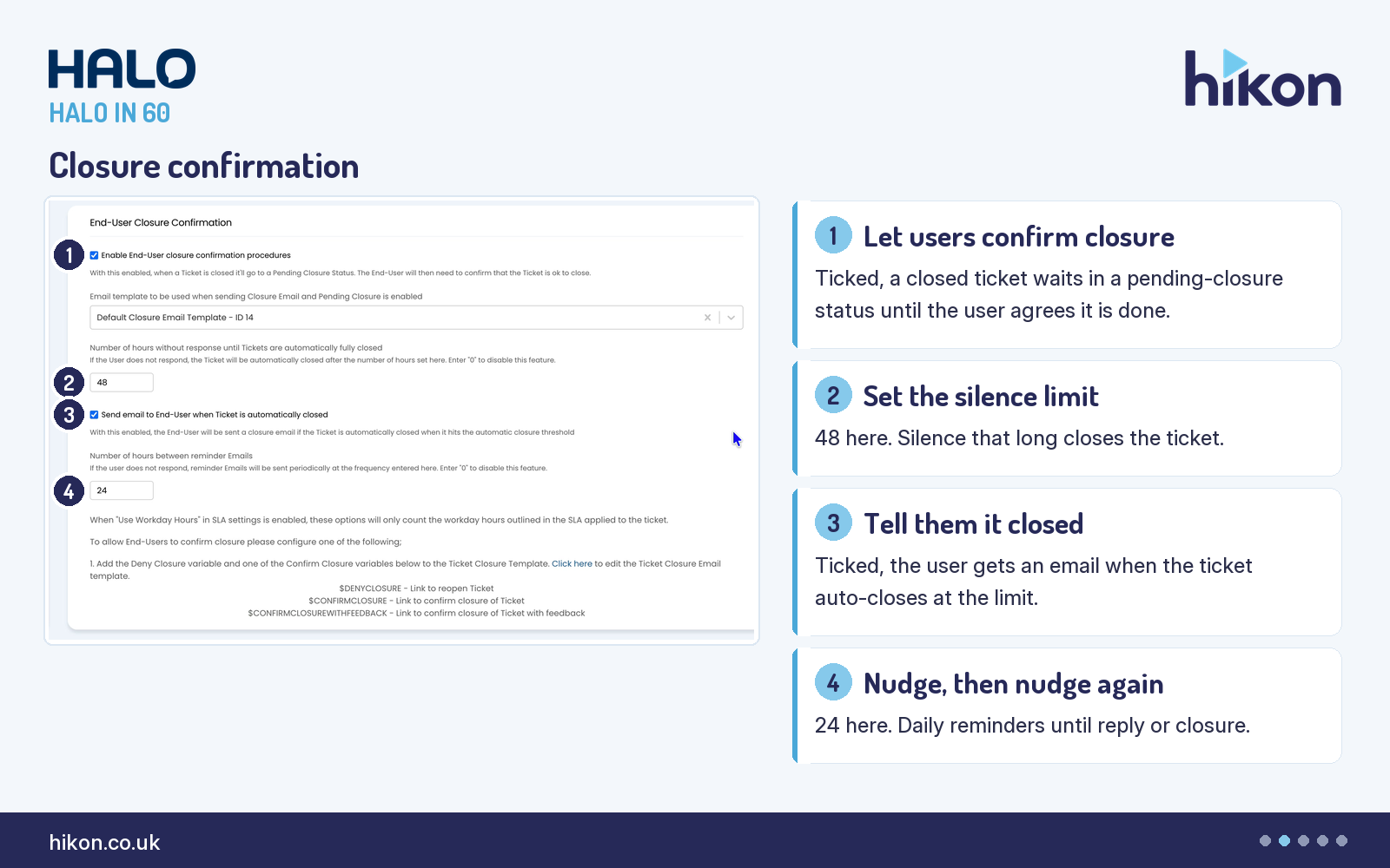 HaloITSM Tickets General Settings, the End-User Closure Confirmation section, with markers on Enable End-User closure confirmation procedures, Number of hours without response until Tickets are automatically fully closed, Send email to End-User when Ticket is automatically closed, and Number of hours between reminder Emails.