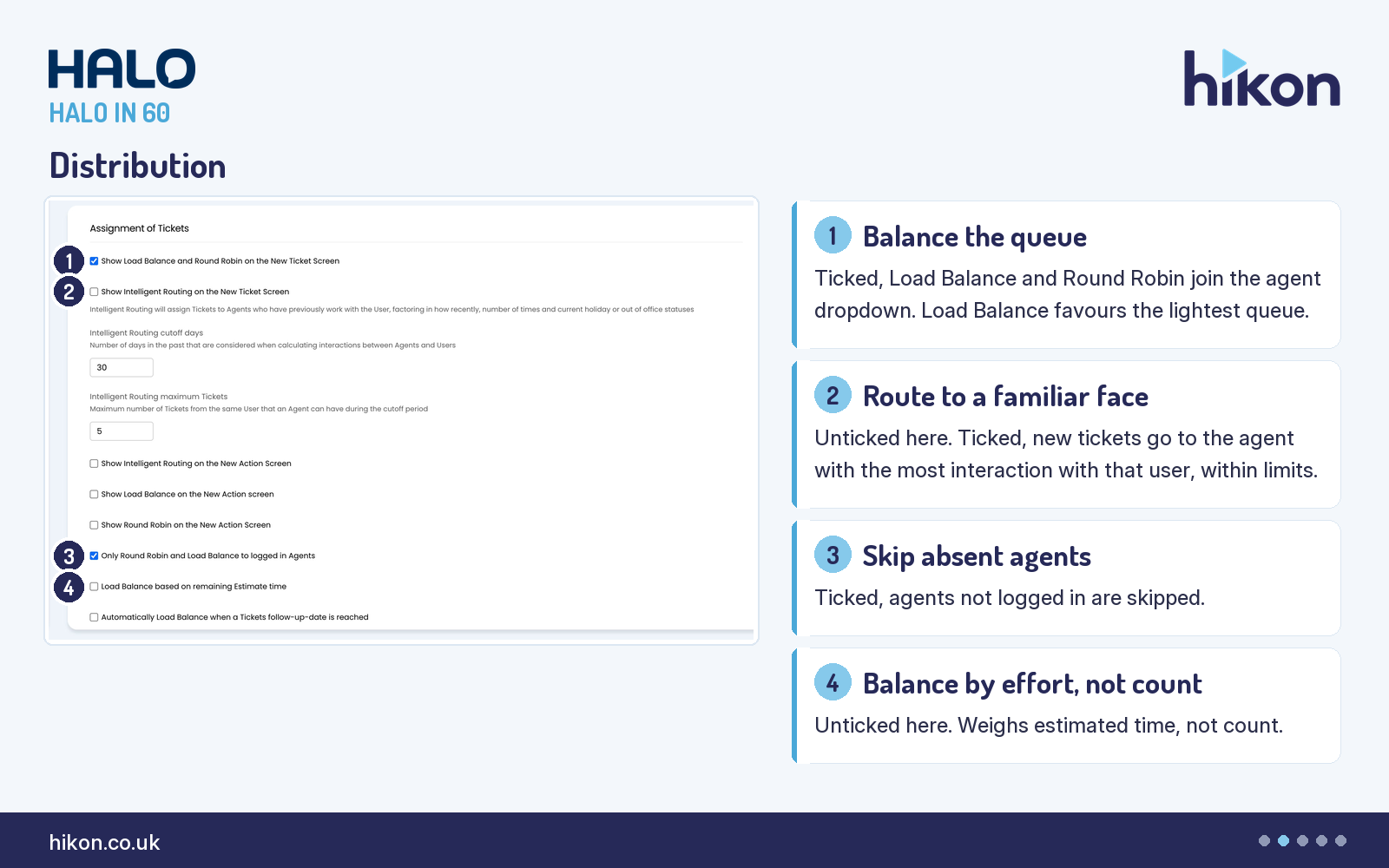 HaloITSM Tickets General Settings, top of the Assignment of Tickets section, with markers on Show Load Balance and Round Robin on the New Ticket Screen, Show Intelligent Routing on the New Ticket Screen, Only Round Robin and Load Balance to logged in Agents, and Load Balance based on remaining Estimate time.