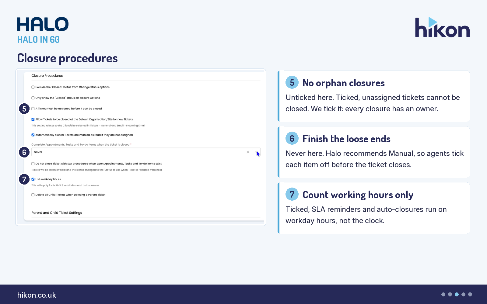 HaloITSM Tickets General Settings, the Closure Procedures section, with markers on A Ticket must be assigned before it can be closed, Complete Appointments, Tasks and To-do items when the ticket is closed, and Use workday hours.