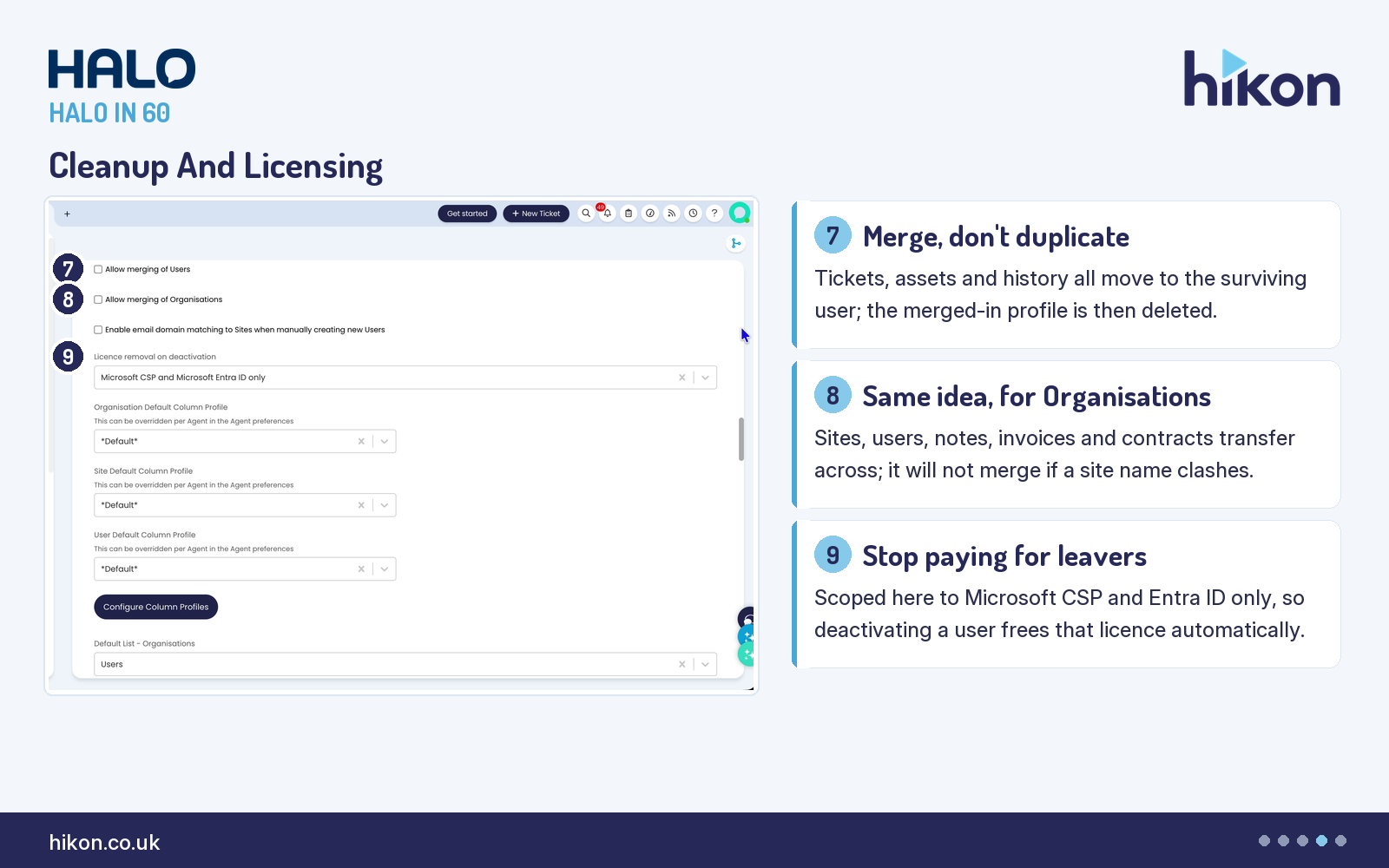 HaloITSM Users General Settings showing Allow merging of Users, Allow merging of Organisations, and Licence removal on deactivation