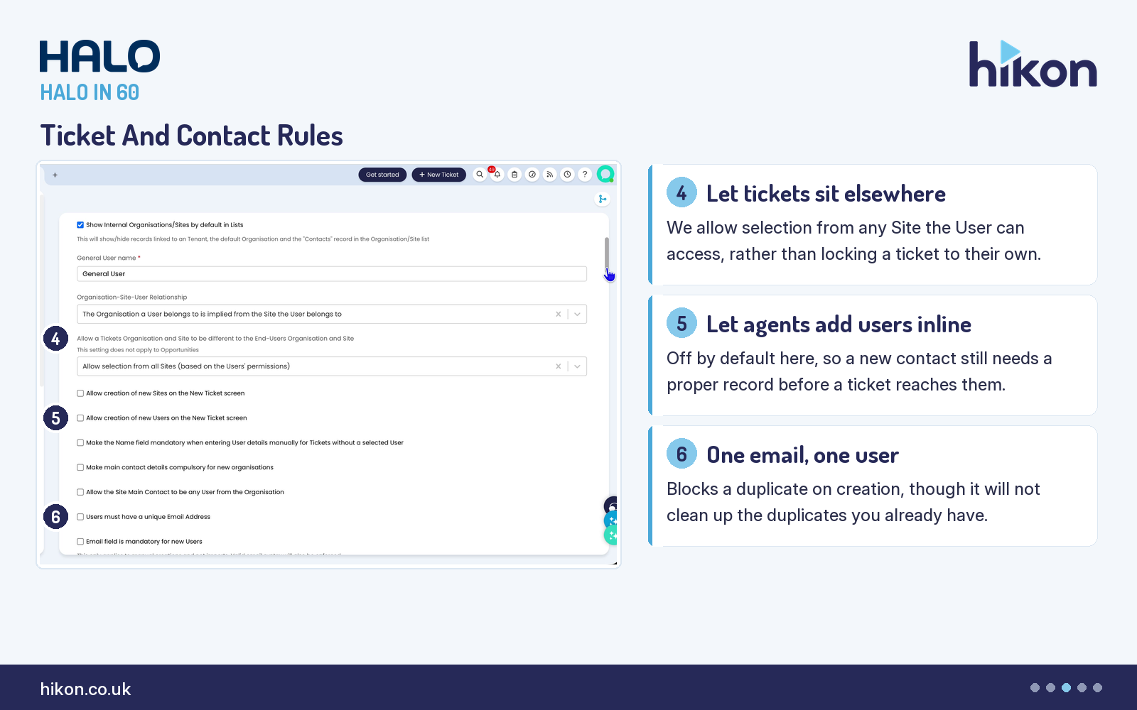 HaloITSM Users General Settings showing Allow a Tickets Organisation and Site to be different to the End-Users Organisation and Site, Allow creation of new Users on the New Ticket screen, and Users must have a unique Email Address