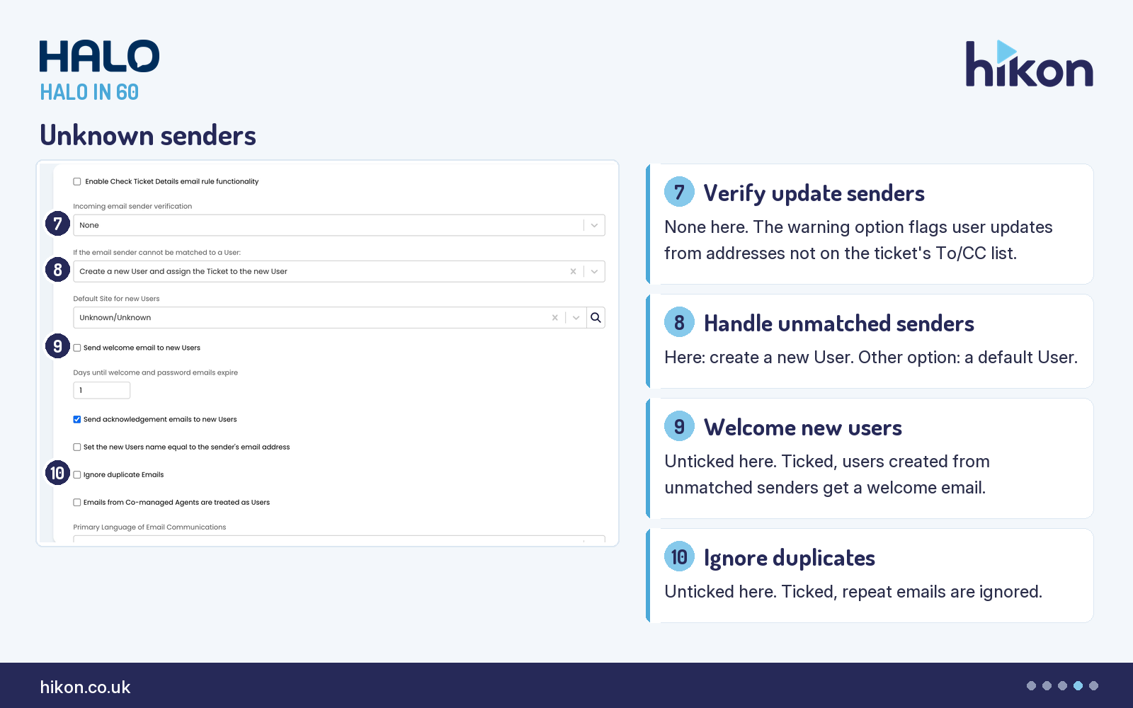 HaloITSM Email General Settings, Incoming Email sender settings, with markers on Incoming email sender verification, If the email sender cannot be matched to a User, Send welcome email to new Users, and Ignore duplicate Emails.