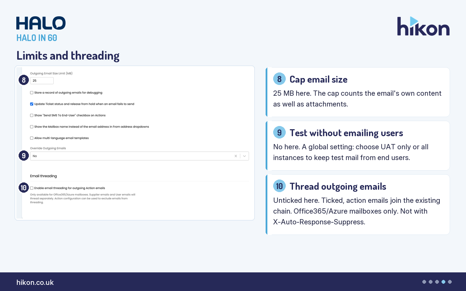 HaloITSM Email General Settings, the foot of the screen, with markers on Outgoing Email Size Limit, Override Outgoing Emails, and Enable email threading for outgoing Action emails.