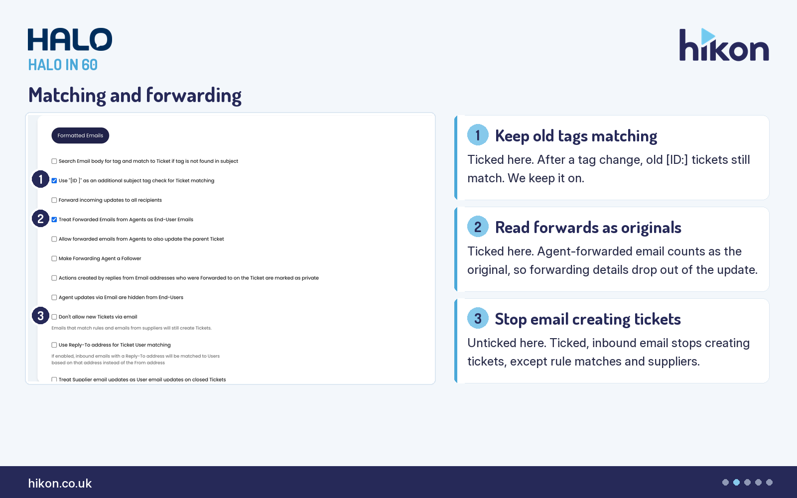 HaloITSM Email General Settings, Incoming Email checkboxes, with markers on Use "[ID ]" as an additional subject tag check for Ticket matching, Treat Forwarded Emails from Agents as End-User Emails, and Don't allow new Tickets via email.