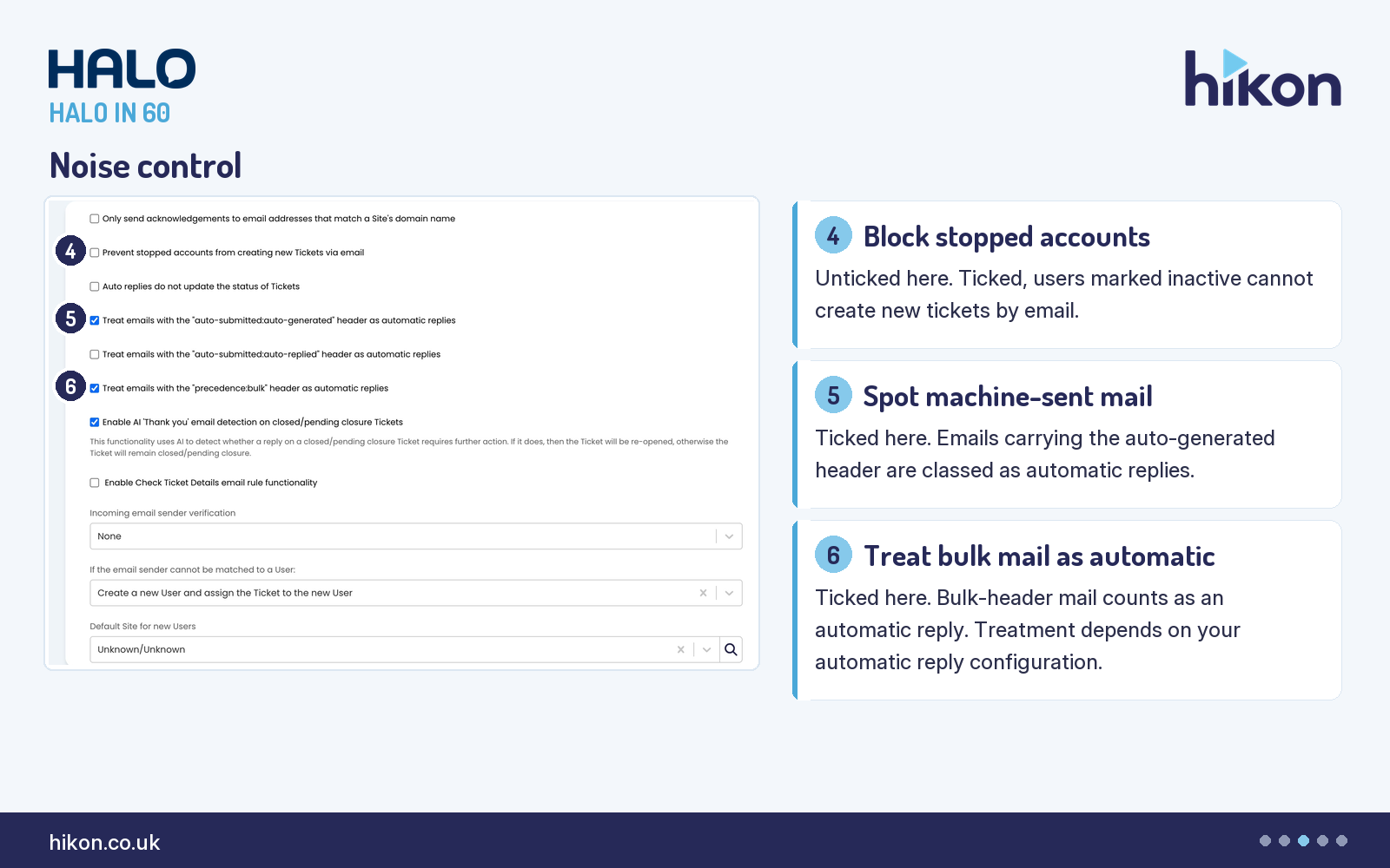 HaloITSM Email General Settings, Incoming Email automatic reply settings, with markers on Prevent stopped accounts from creating new Tickets via email and the auto-generated and precedence:bulk header settings.