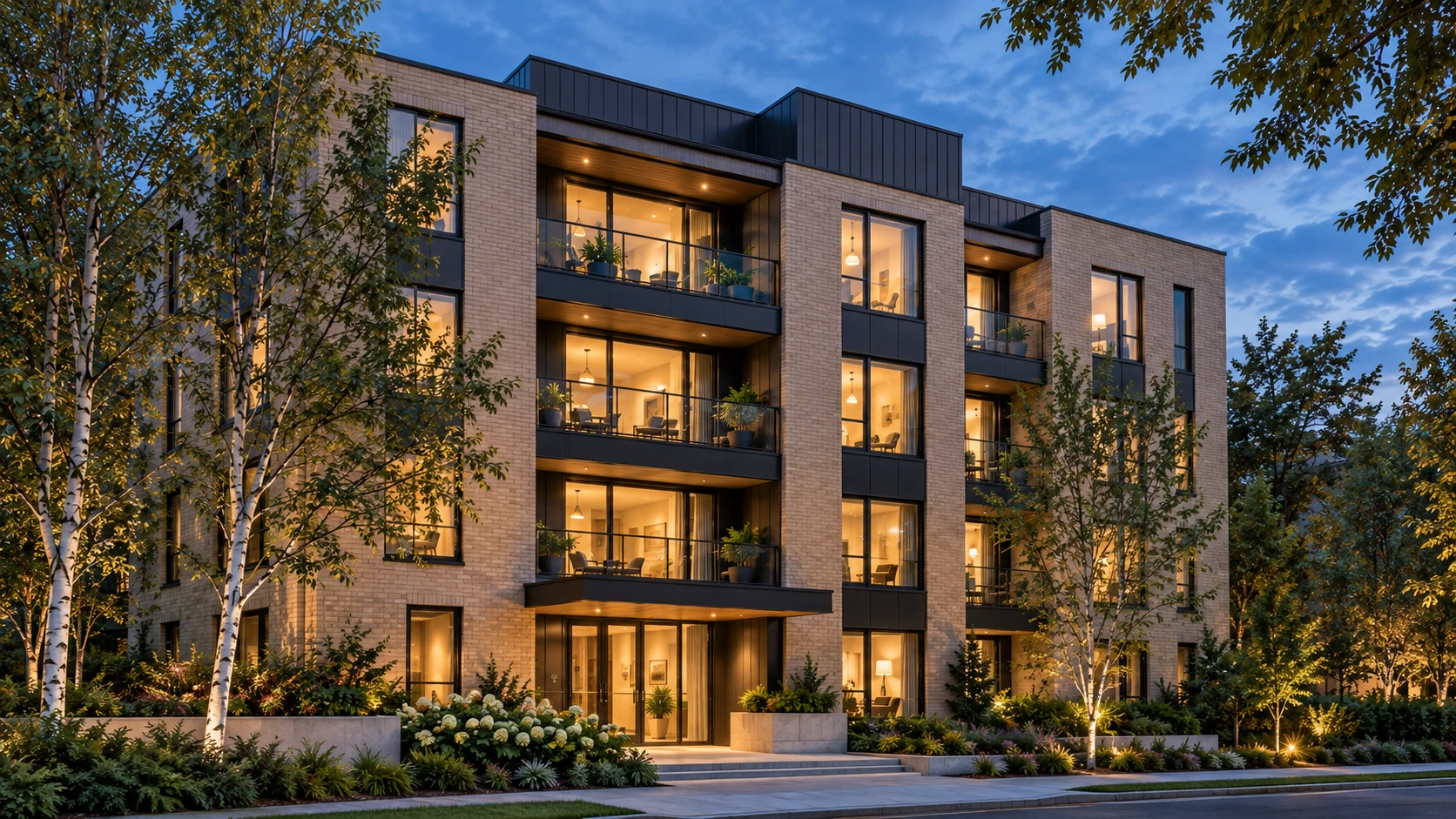 A contemporary apartment building with warm windows at dusk