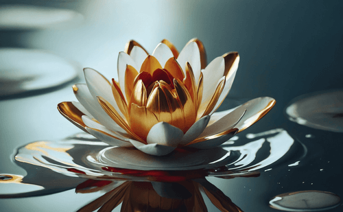 A serene floating lotus flower with metallic petals and a glowing center, representing balance and futuristic artistry by LUNARTECH.