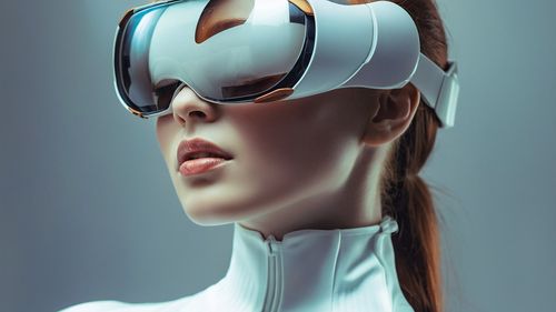 Close-up of a futuristic design featuring a person wearing sleek VR gear, representing immersive virtual reality technology by LUNARTECH.