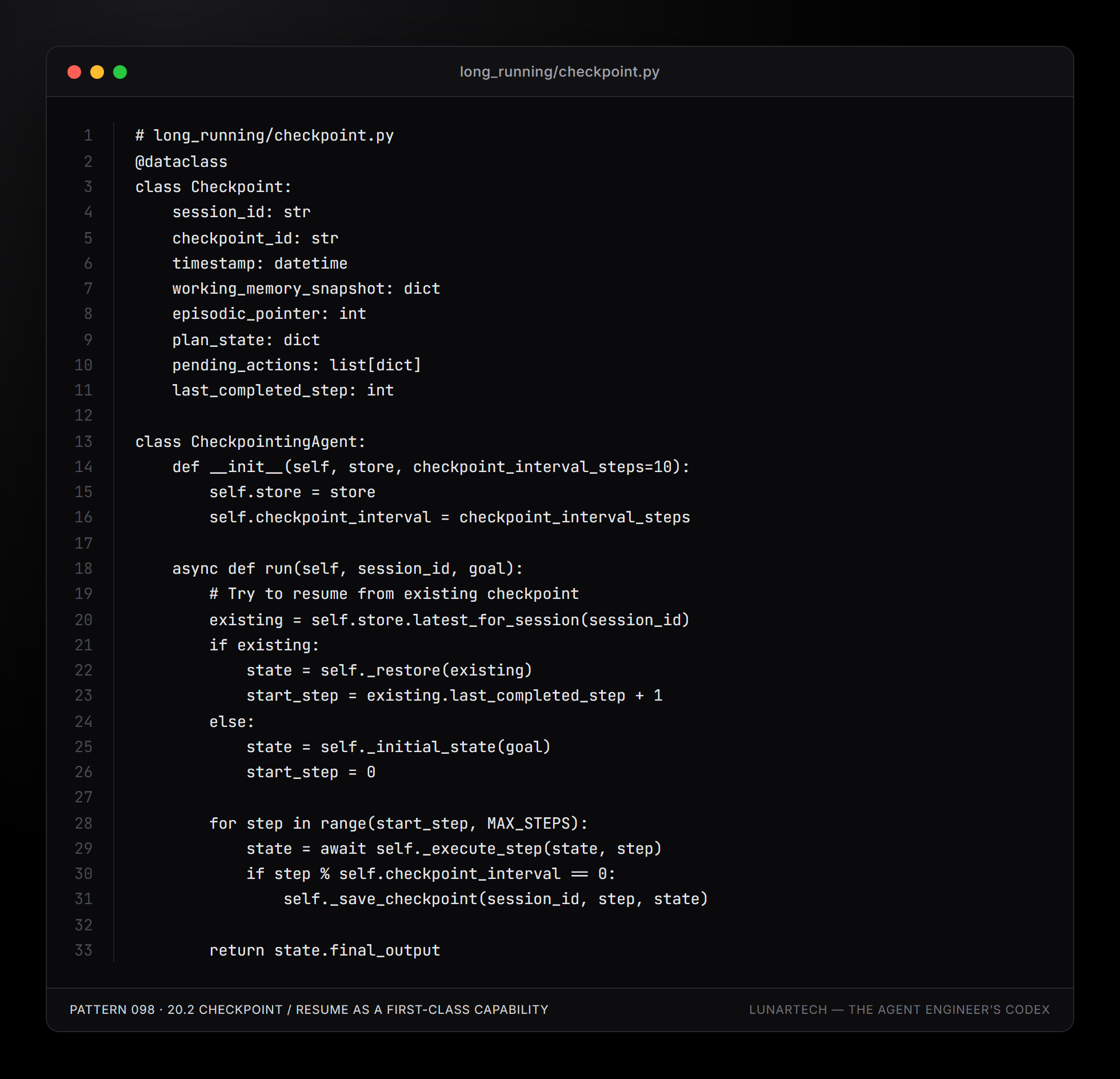 Pattern 098 — 20.2 Checkpoint / resume as a first-class capability