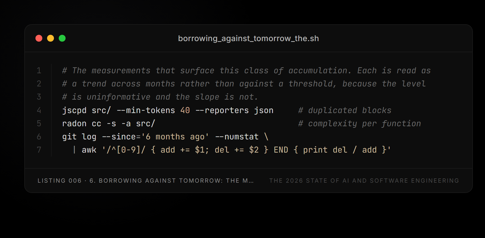 Listing 006 — borrowing_against_tomorrow_the.sh (6. Borrowing against tomorrow: the maintainability cost)