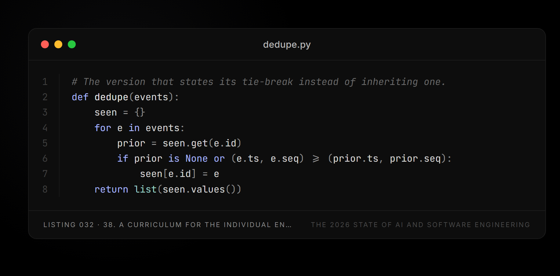 Listing 032 — dedupe.py (45. A curriculum for the individual engineer)