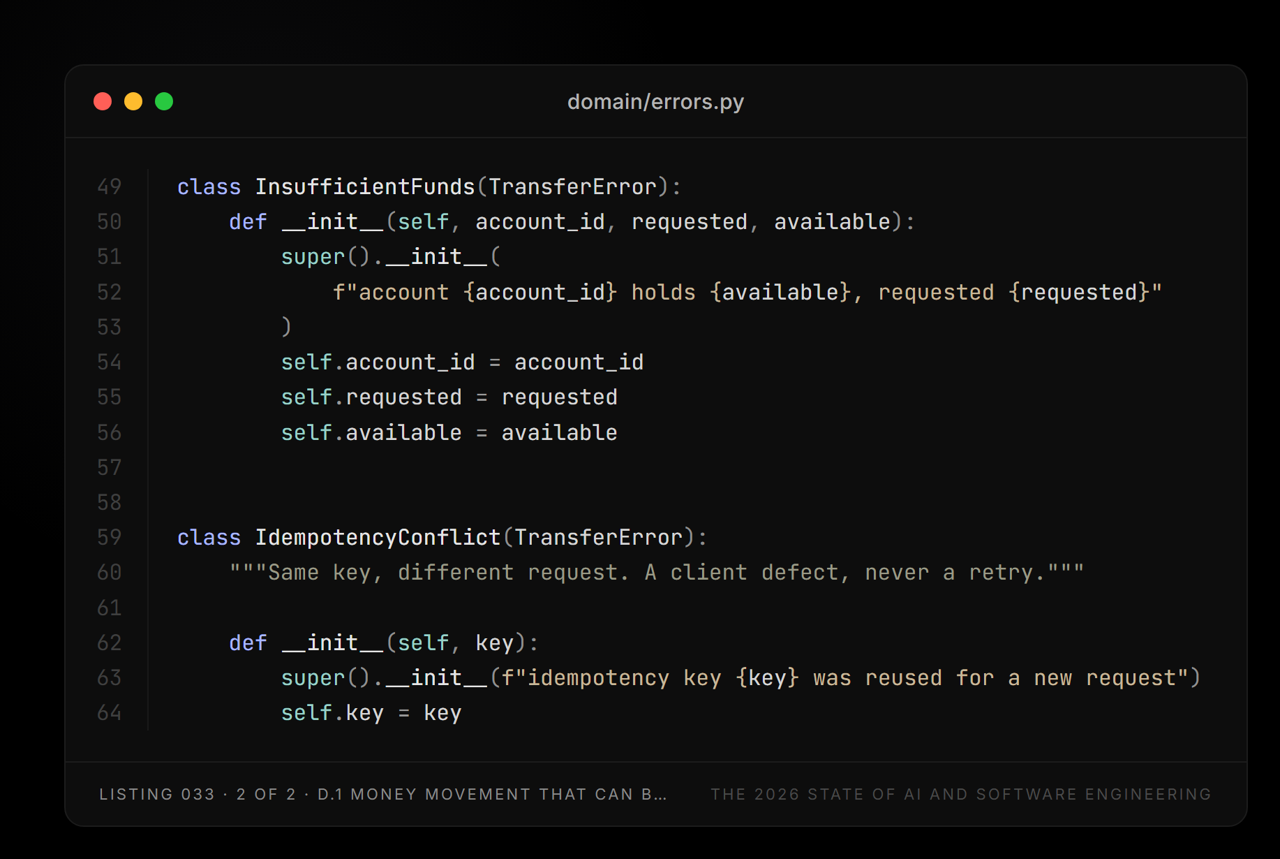 Listing 033, part 2 of 2 — domain/errors.py (D.1 Money movement that can be depended on)