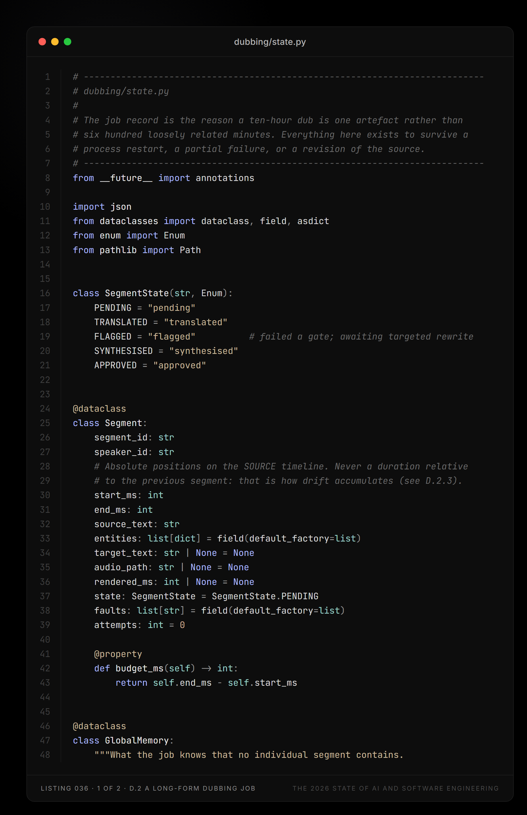 Listing 036, part 1 of 2 — dubbing/state.py (D.2 A long-form dubbing job)