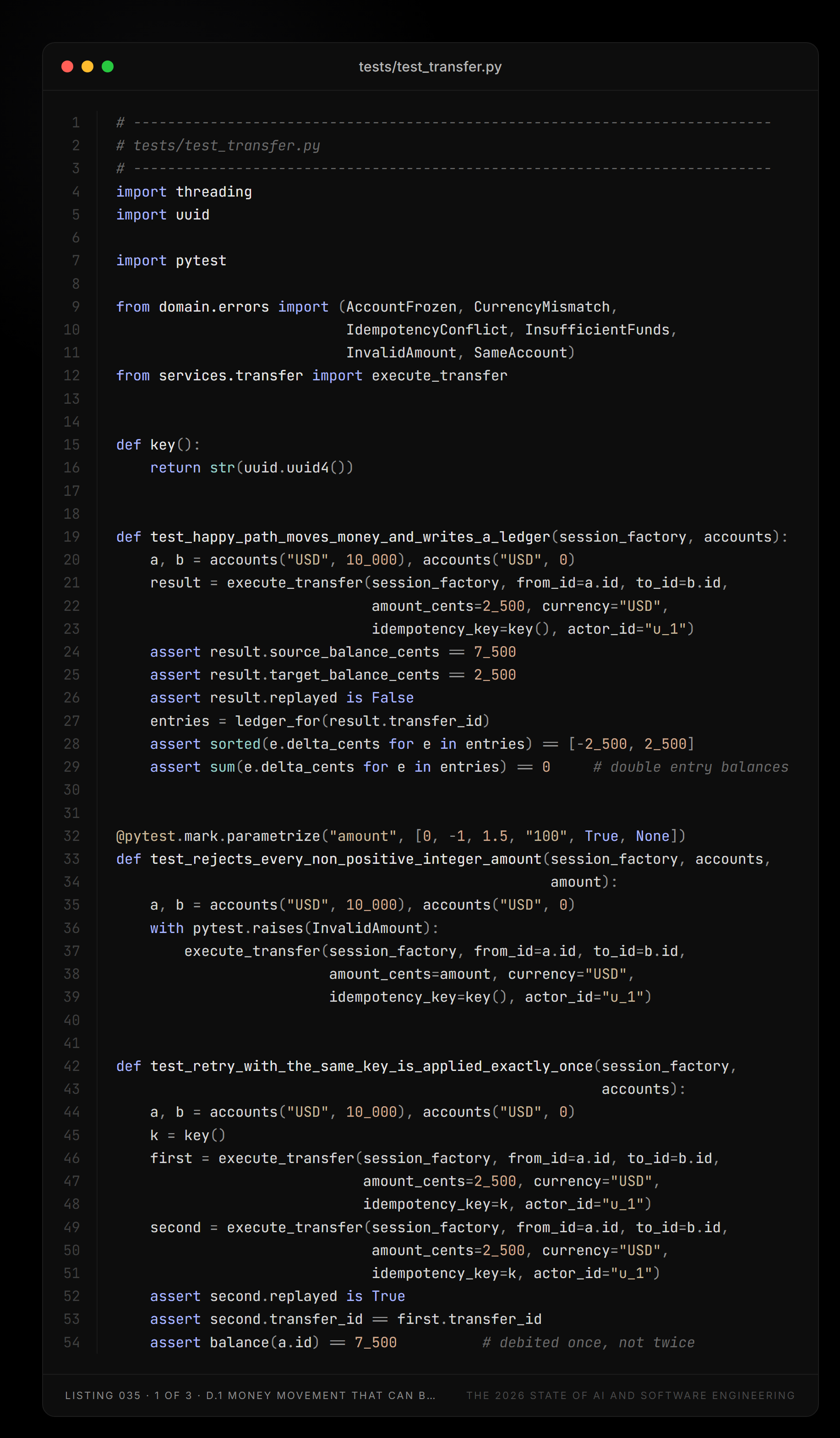 Listing 035, part 1 of 3 — tests/test_transfer.py (D.1 Money movement that can be depended on)