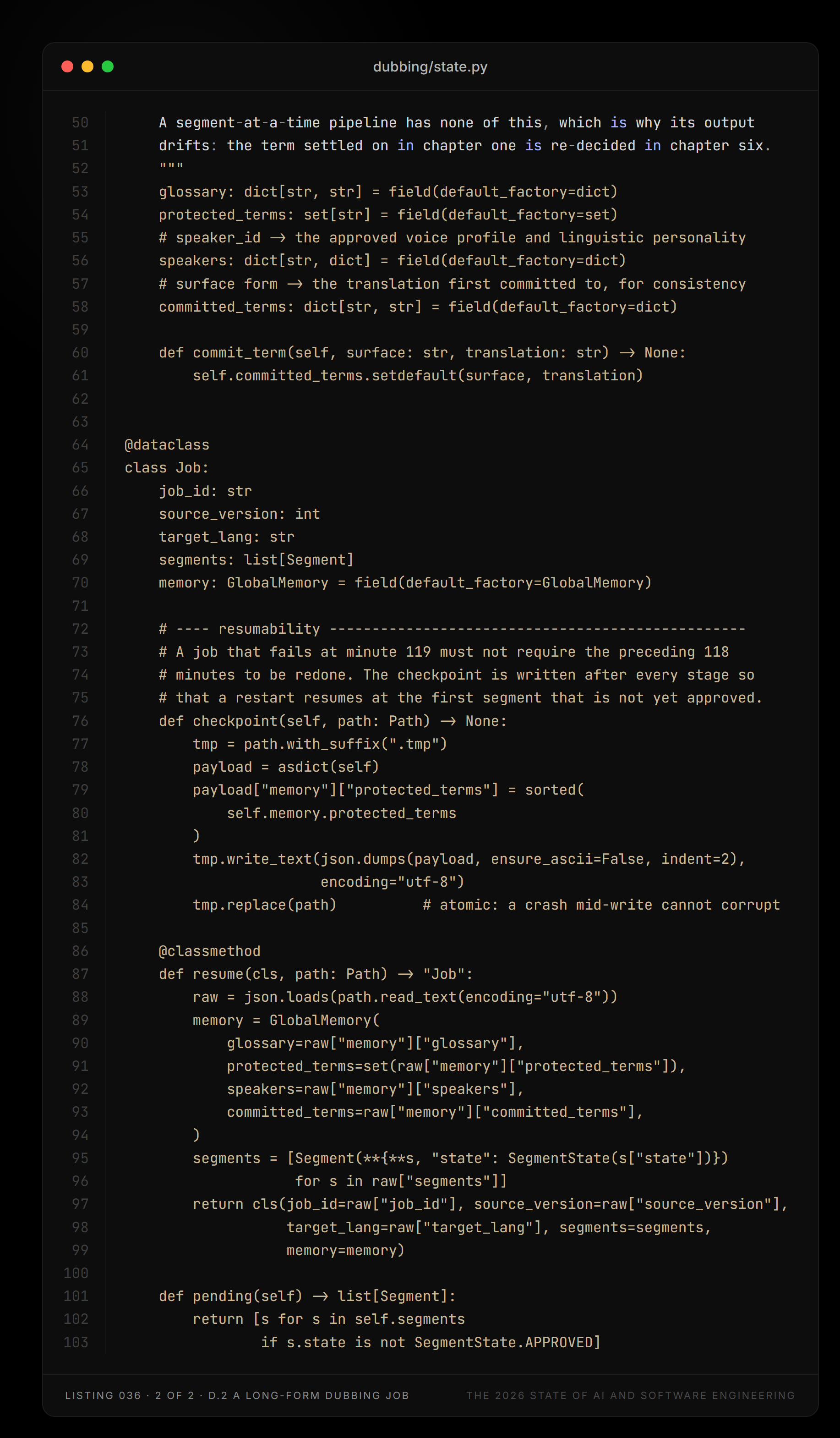 Listing 036, part 2 of 2 — dubbing/state.py (D.2 A long-form dubbing job)