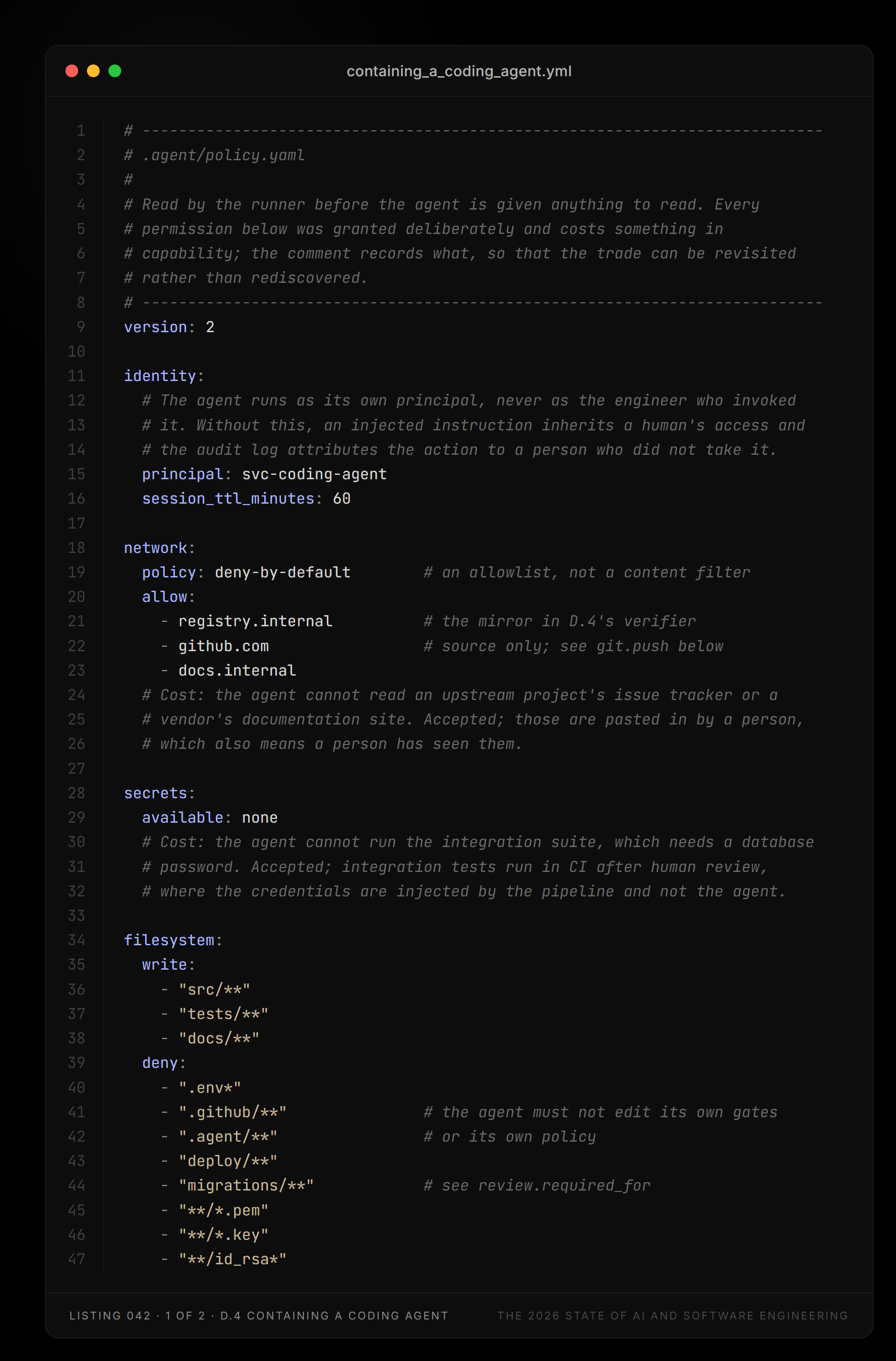 Listing 042, part 1 of 2 — containing_a_coding_agent.yml (D.4 Containing a coding agent)