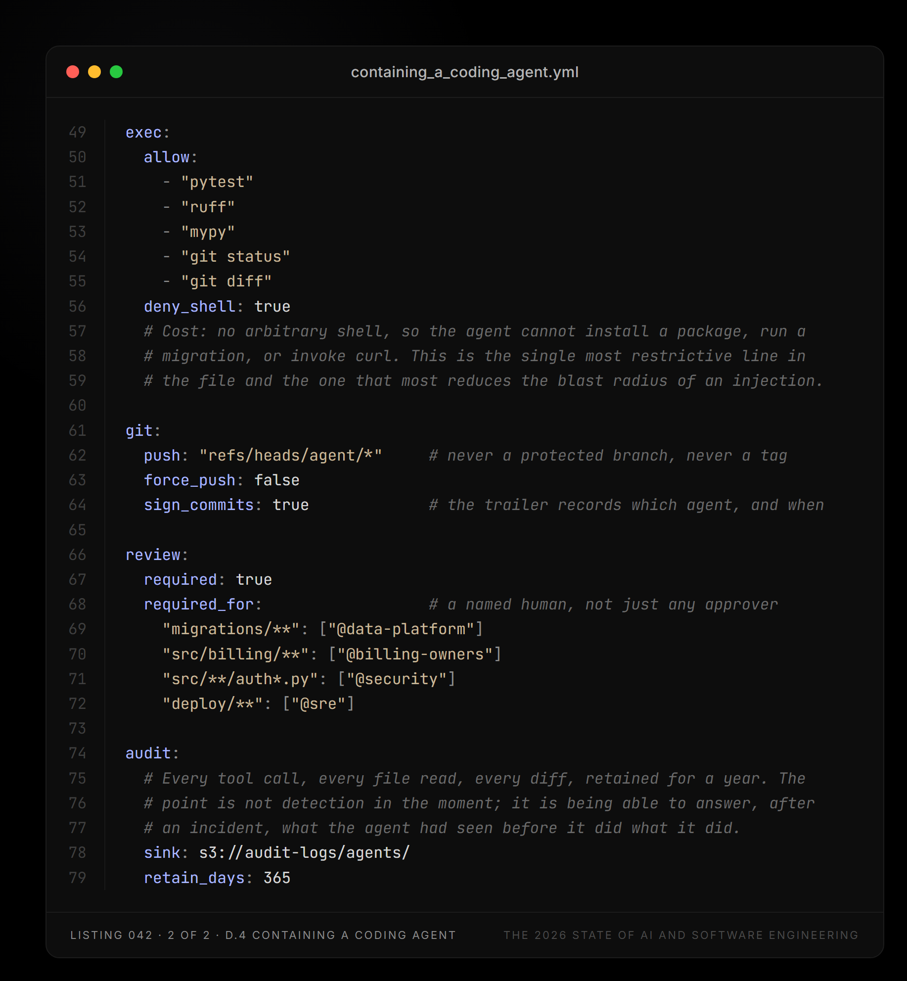 Listing 042, part 2 of 2 — containing_a_coding_agent.yml (D.4 Containing a coding agent)