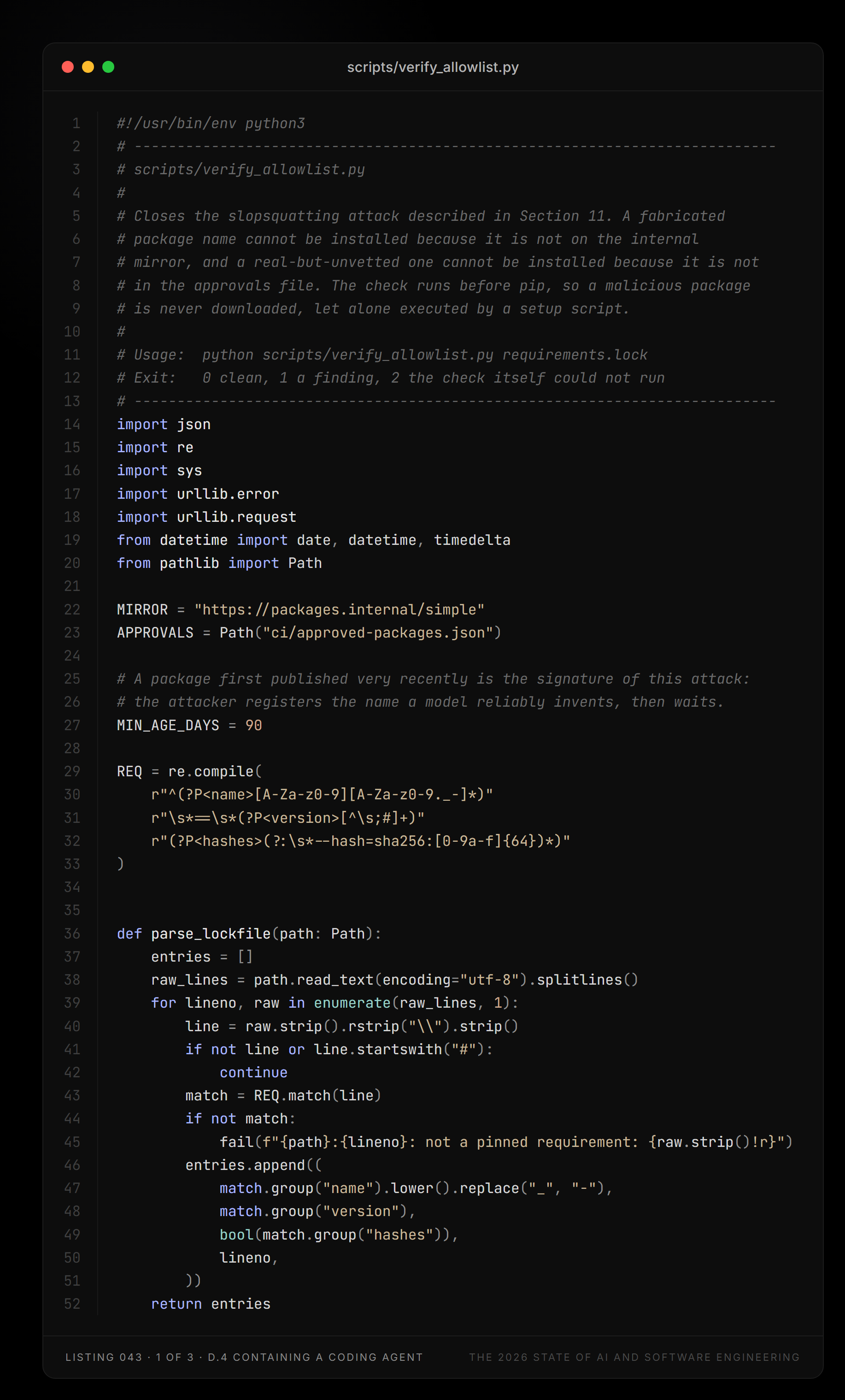 Listing 043, part 1 of 3 — scripts/verify_allowlist.py (D.4 Containing a coding agent)