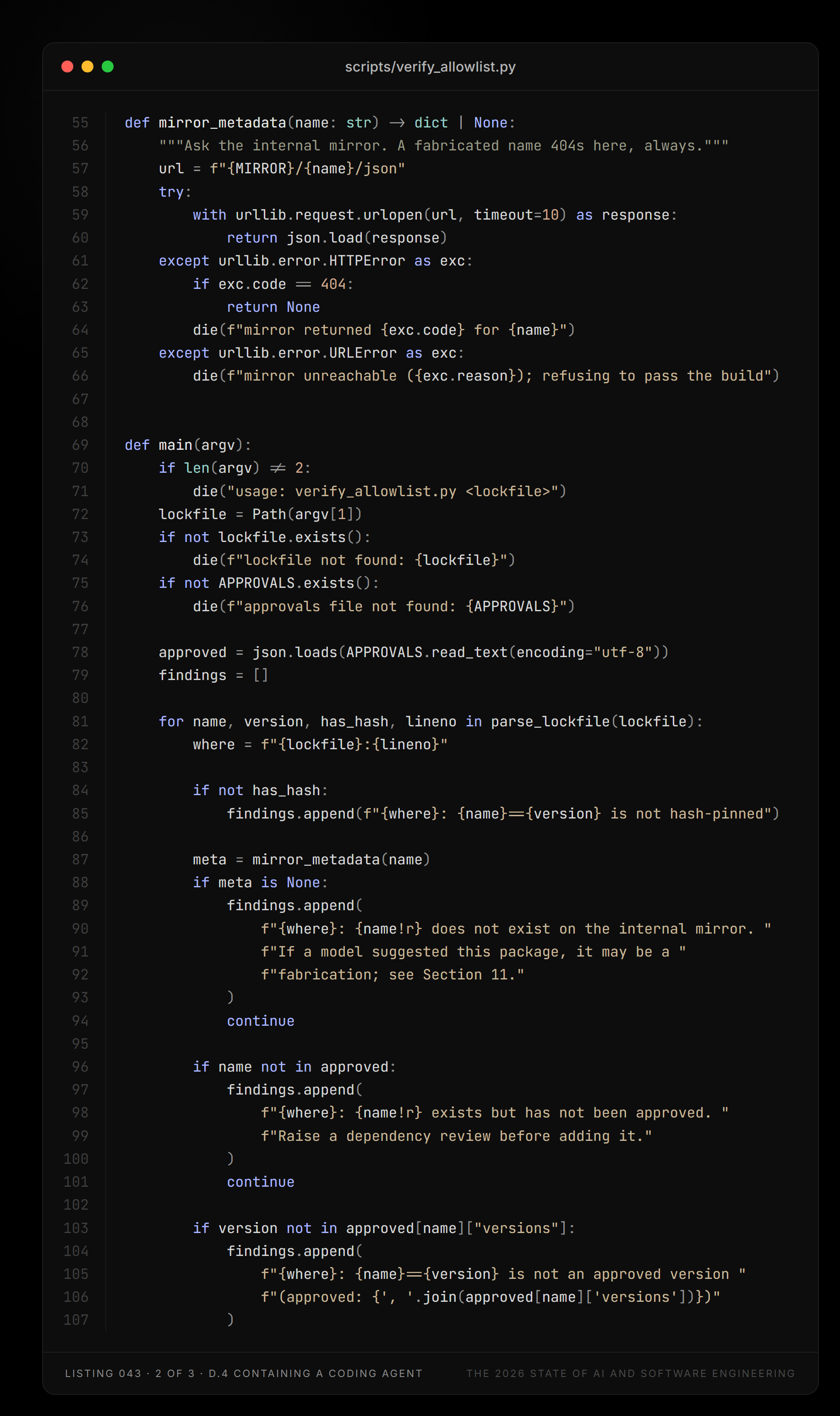Listing 043, part 2 of 3 — scripts/verify_allowlist.py (D.4 Containing a coding agent)