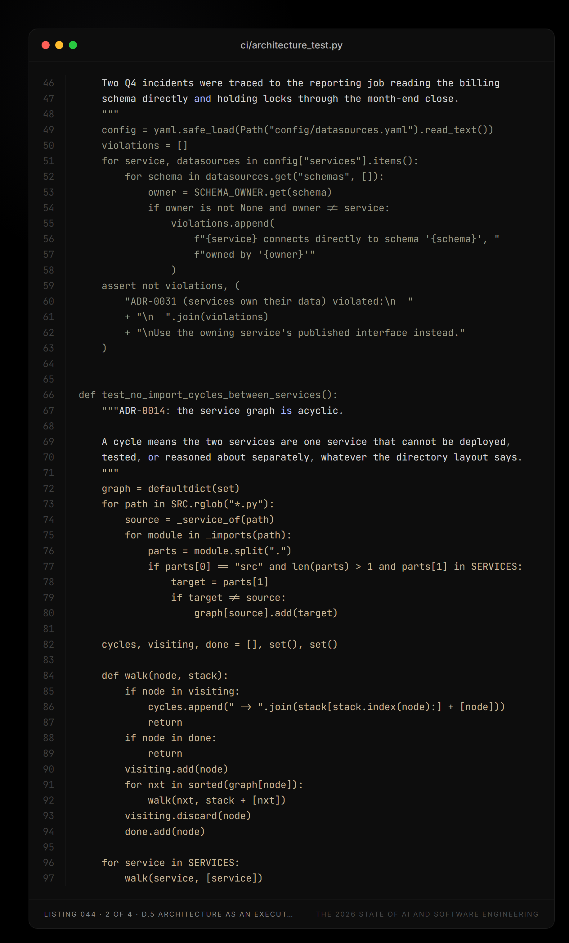Listing 044, part 2 of 4 — ci/architecture_test.py (D.5 Architecture as an executable constraint)